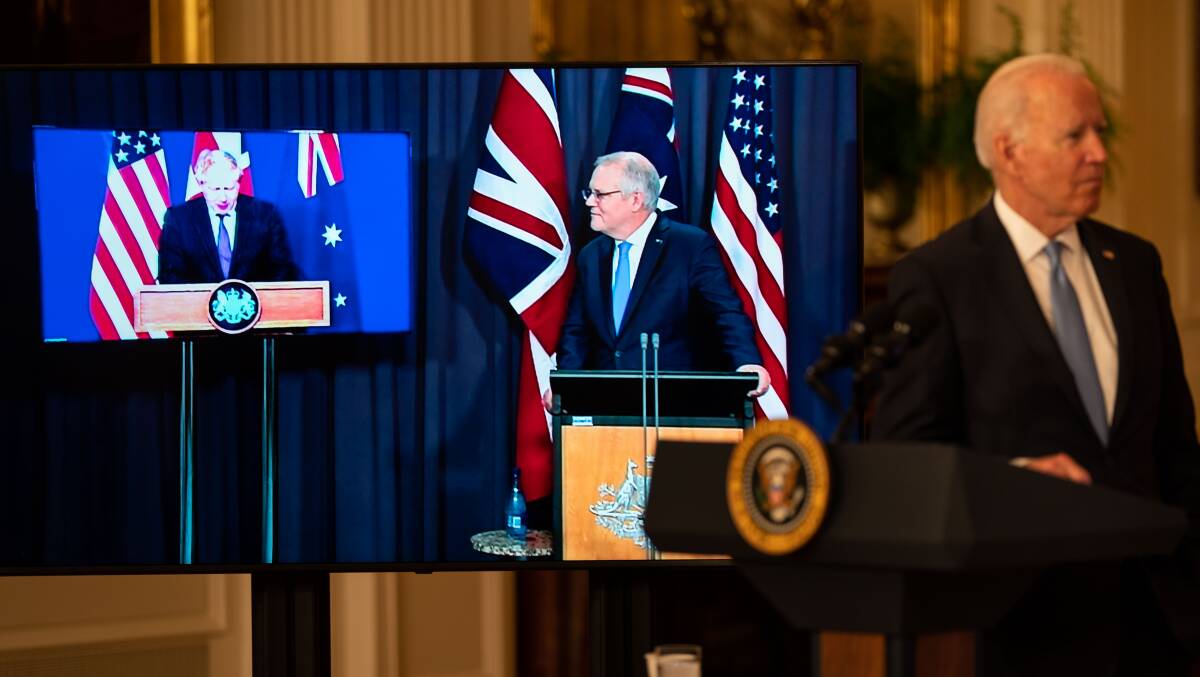 From left: UK Prime Minister Boris Johnson, Australian Prime Minister Scott Morrison and US President Joe Biden at the announcement of the AUKUS partnership. Picture: Getty Images