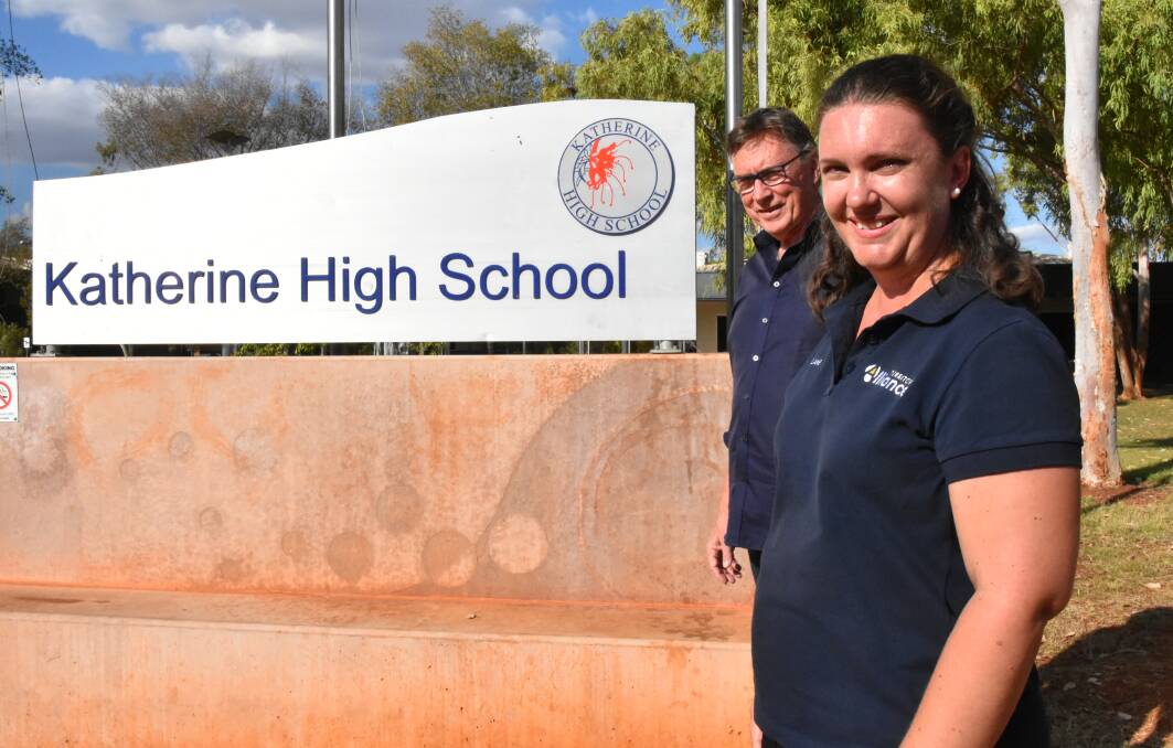Territory Alliance leader Terry Mills and candidate for Katherine Melanie Usher outside Katherine High School yesterday.