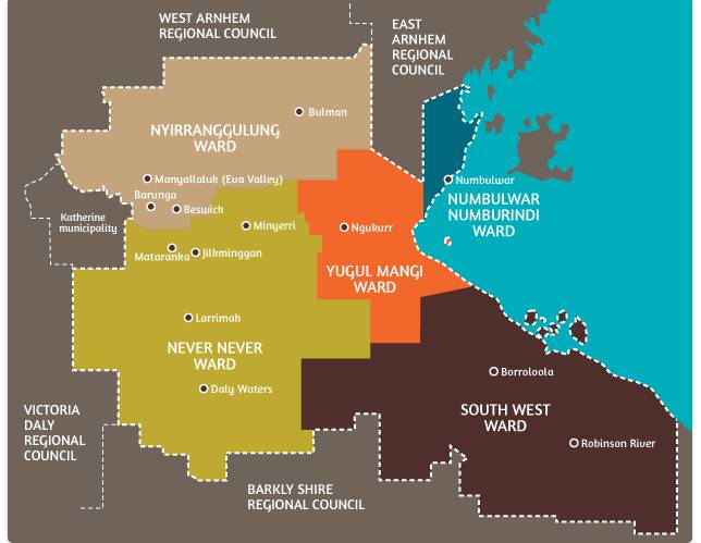 The Roper Gulf Regional council covers a large area East of Katherine.