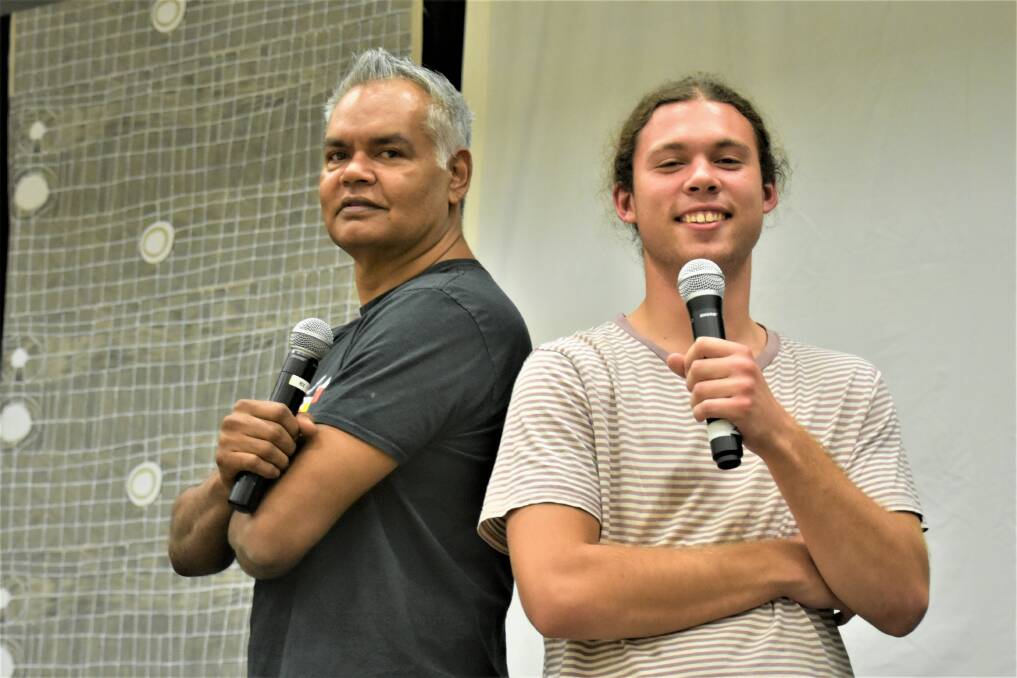 Performing artist and creative guide Kamahi Djordon King with young talent Tom 'Ponzi' Fawkner.