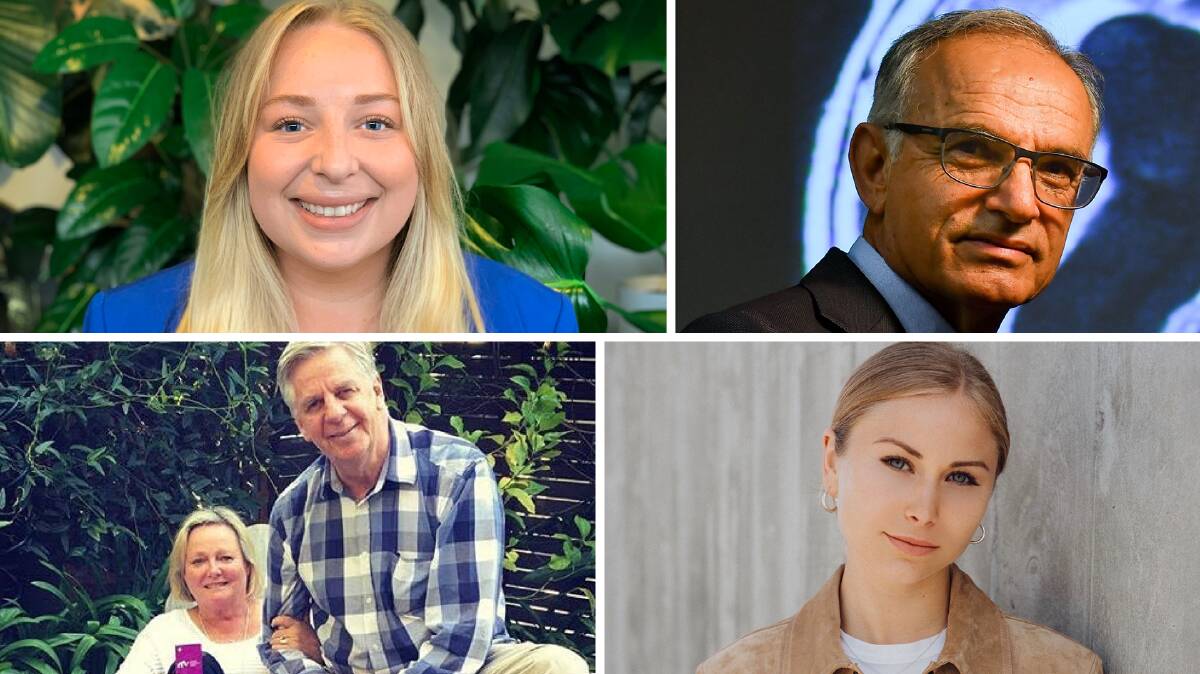 Tasmania's 2021 Australian of the Year nominees: clockwise from top left, Dr Madeline Green, Dr George Razay, Grace Tame and Joe and Fiona Riewoldt.