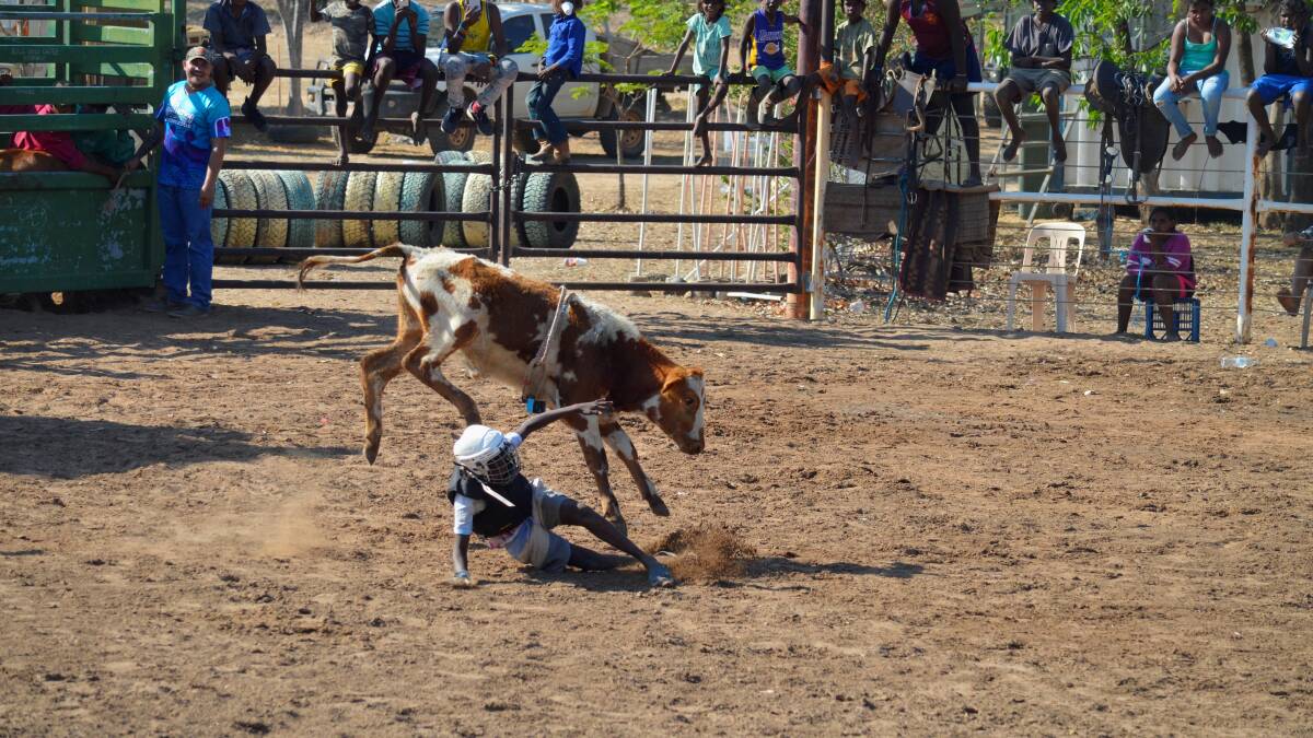 ROUGH RIDE: Ten-year-old Ricquelle Dixon experiences first hand the thrills and
spills of the rodeo lifestyle at the Great Borroloola Cattle Workshop. Picture: supplied. 